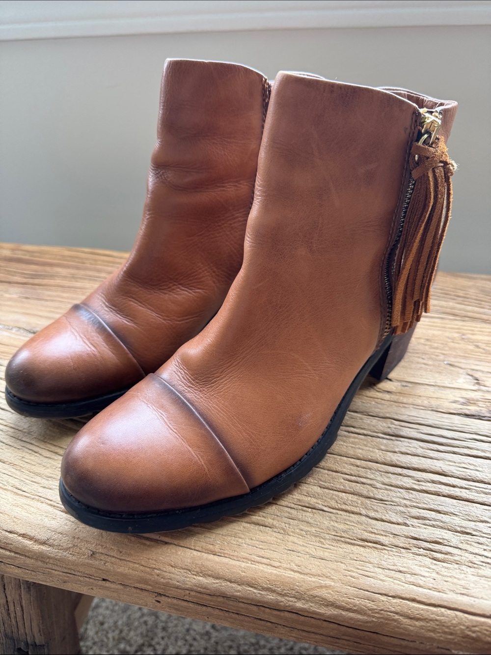 PIKOLINOS Cognac Leather Ankle Boots with Side Tassel Zip size 8